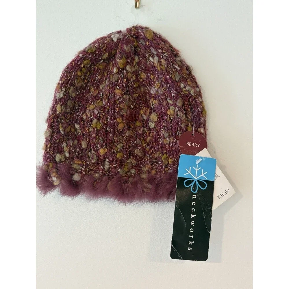 Neckworks Women's Knit Beanie Hat w/ Rabbit Fur Trim Multicolor Purple OS